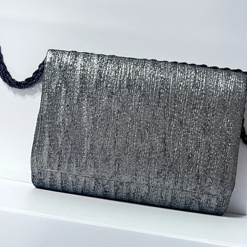 La Regale Elegant Evening Crossbody Bag Black Chain Shimmery Silver Gray Bag